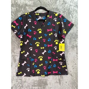 NWT Revel Scrub Top Women M Black Dog Paw Bone Print Stretch Veterinary Nurse Dr